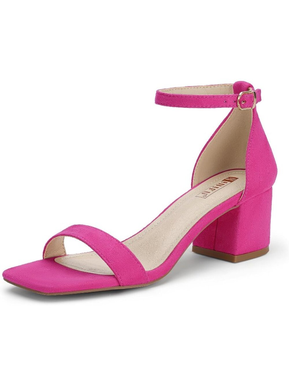 Women's Hot Pink Chunky Block Low Square Open Toe Ankle Strap Heeled Sandals